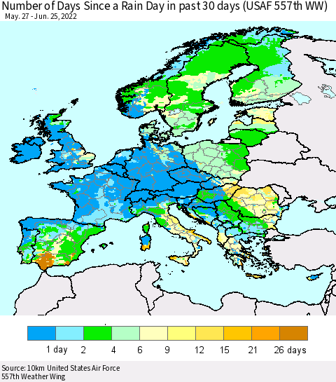 Europe Number of Days Since a Rain Day in past 30 days (USAF 557th WW) Thematic Map For 6/21/2022 - 6/25/2022
