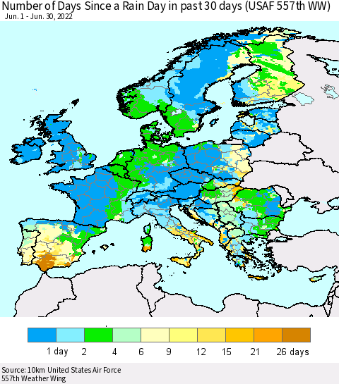 Europe Number of Days Since a Rain Day in past 30 days (USAF 557th WW) Thematic Map For 6/26/2022 - 6/30/2022