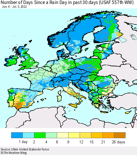 Europe Number of Days Since a Rain Day in past 30 days (USAF 557th WW) Thematic Map For 7/1/2022 - 7/5/2022