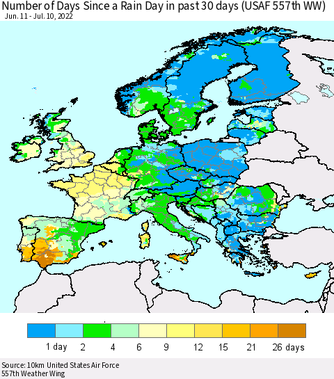 Europe Number of Days Since a Rain Day in past 30 days (USAF 557th WW) Thematic Map For 7/6/2022 - 7/10/2022