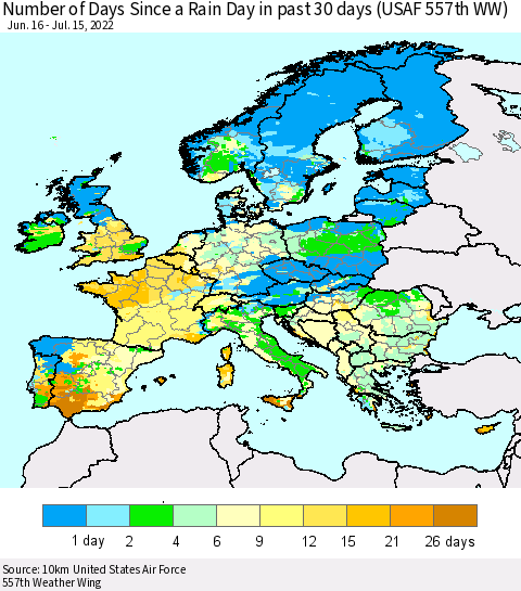 Europe Number of Days Since a Rain Day in past 30 days (USAF 557th WW) Thematic Map For 7/11/2022 - 7/15/2022