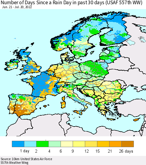 Europe Number of Days Since a Rain Day in past 30 days (USAF 557th WW) Thematic Map For 7/16/2022 - 7/20/2022