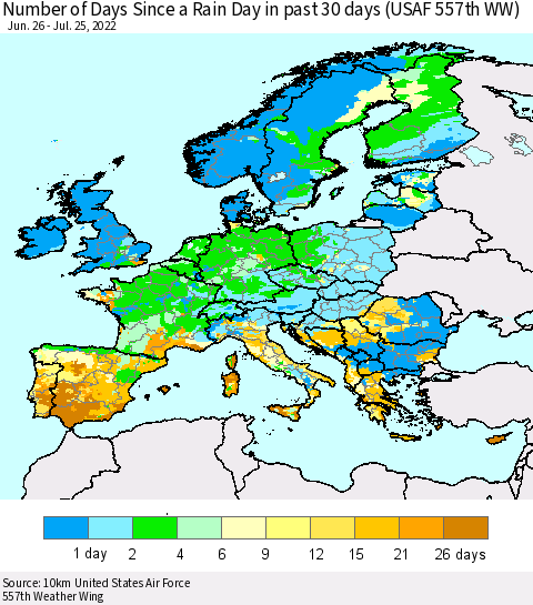 Europe Number of Days Since a Rain Day in past 30 days (USAF 557th WW) Thematic Map For 7/21/2022 - 7/25/2022