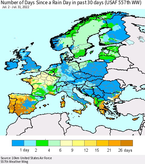Europe Number of Days Since a Rain Day in past 30 days (USAF 557th WW) Thematic Map For 7/26/2022 - 7/31/2022