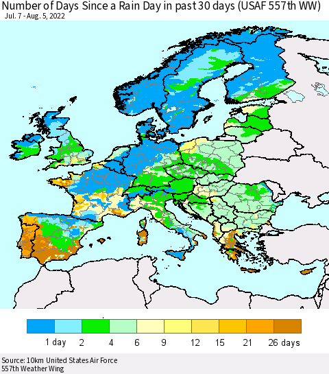 Europe Number of Days Since a Rain Day in past 30 days (USAF 557th WW) Thematic Map For 8/1/2022 - 8/5/2022