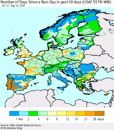 Europe Number of Days Since a Rain Day in past 30 days (USAF 557th WW) Thematic Map For 8/6/2022 - 8/10/2022