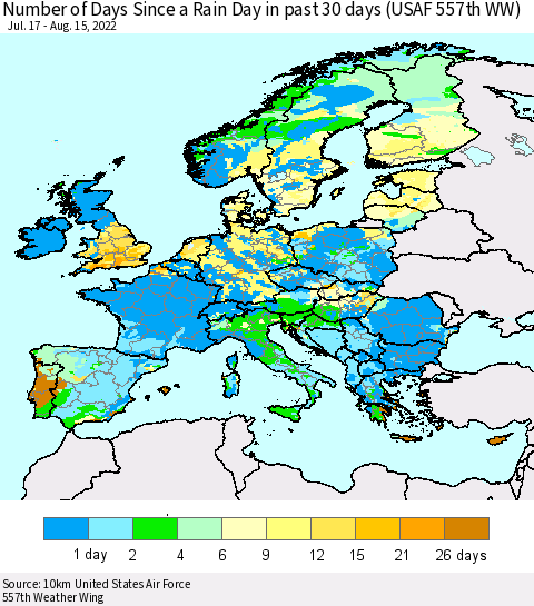 Europe Number of Days Since a Rain Day in past 30 days (USAF 557th WW) Thematic Map For 8/11/2022 - 8/15/2022