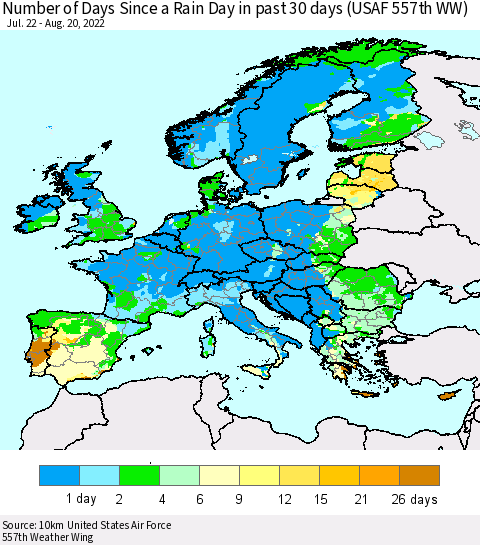 Europe Number of Days Since a Rain Day in past 30 days (USAF 557th WW) Thematic Map For 8/16/2022 - 8/20/2022