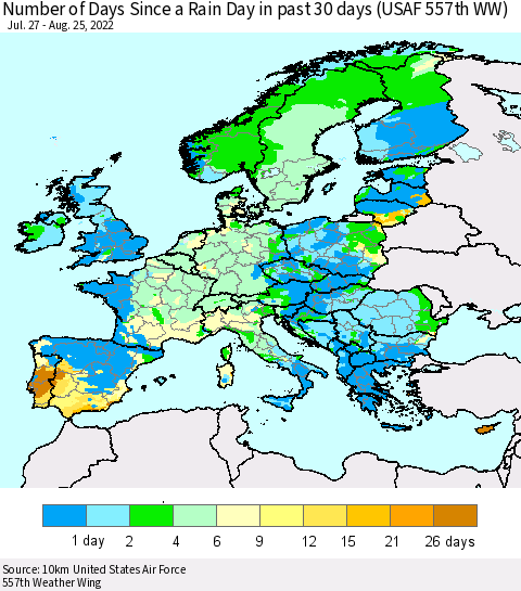 Europe Number of Days Since a Rain Day in past 30 days (USAF 557th WW) Thematic Map For 8/21/2022 - 8/25/2022