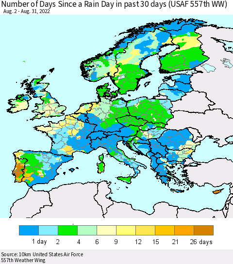 Europe Number of Days Since a Rain Day in past 30 days (USAF 557th WW) Thematic Map For 8/26/2022 - 8/31/2022