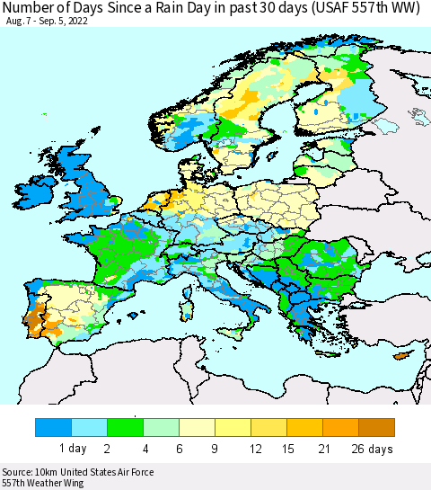 Europe Number of Days Since a Rain Day in past 30 days (USAF 557th WW) Thematic Map For 9/1/2022 - 9/5/2022