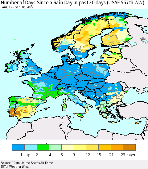 Europe Number of Days Since a Rain Day in past 30 days (USAF 557th WW) Thematic Map For 9/6/2022 - 9/10/2022