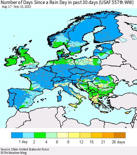 Europe Number of Days Since a Rain Day in past 30 days (USAF 557th WW) Thematic Map For 9/11/2022 - 9/15/2022
