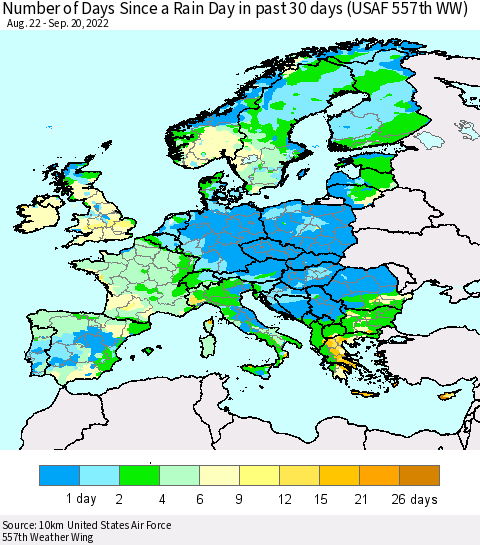 Europe Number of Days Since a Rain Day in past 30 days (USAF 557th WW) Thematic Map For 9/16/2022 - 9/20/2022