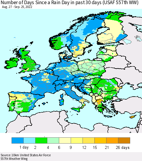 Europe Number of Days Since a Rain Day in past 30 days (USAF 557th WW) Thematic Map For 9/21/2022 - 9/25/2022