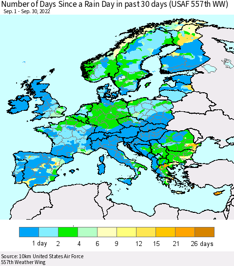 Europe Number of Days Since a Rain Day in past 30 days (USAF 557th WW) Thematic Map For 9/26/2022 - 9/30/2022