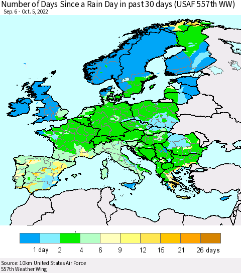 Europe Number of Days Since a Rain Day in past 30 days (USAF 557th WW) Thematic Map For 10/1/2022 - 10/5/2022
