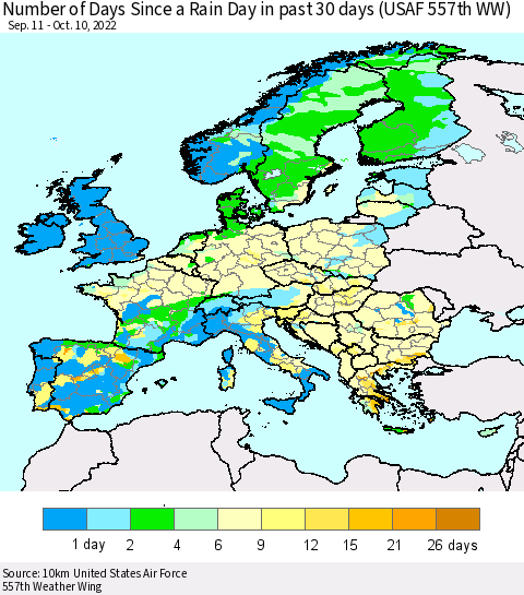 Europe Number of Days Since a Rain Day in past 30 days (USAF 557th WW) Thematic Map For 10/6/2022 - 10/10/2022