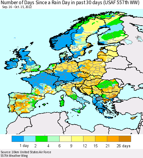 Europe Number of Days Since a Rain Day in past 30 days (USAF 557th WW) Thematic Map For 10/11/2022 - 10/15/2022