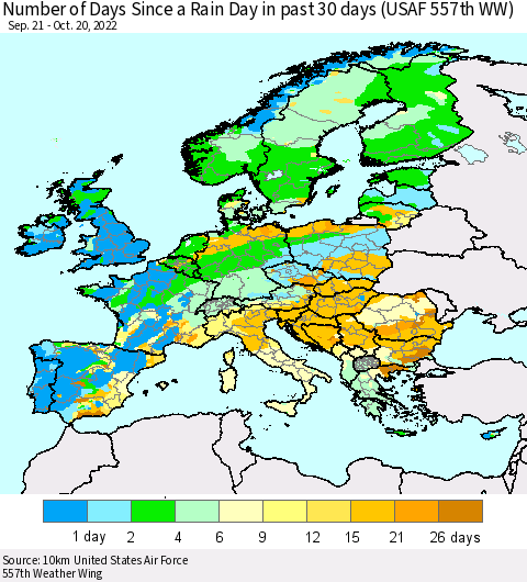 Europe Number of Days Since a Rain Day in past 30 days (USAF 557th WW) Thematic Map For 10/16/2022 - 10/20/2022