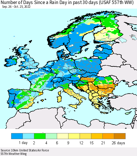 Europe Number of Days Since a Rain Day in past 30 days (USAF 557th WW) Thematic Map For 10/21/2022 - 10/25/2022