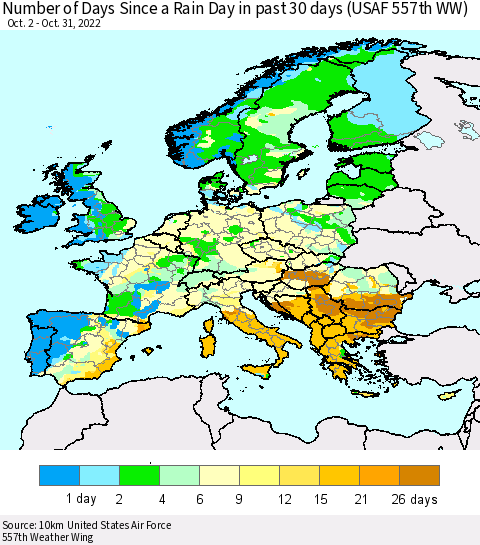 Europe Number of Days Since a Rain Day in past 30 days (USAF 557th WW) Thematic Map For 10/26/2022 - 10/31/2022