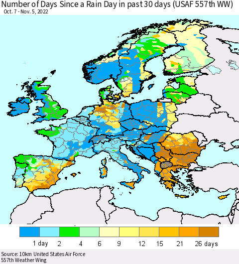 Europe Number of Days Since a Rain Day in past 30 days (USAF 557th WW) Thematic Map For 11/1/2022 - 11/5/2022