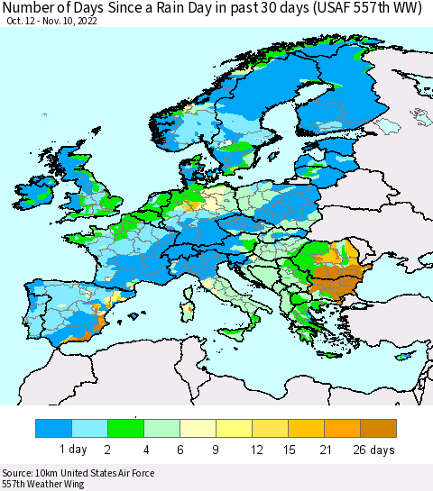 Europe Number of Days Since a Rain Day in past 30 days (USAF 557th WW) Thematic Map For 11/6/2022 - 11/10/2022