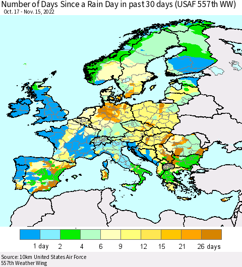Europe Number of Days Since a Rain Day in past 30 days (USAF 557th WW) Thematic Map For 11/11/2022 - 11/15/2022