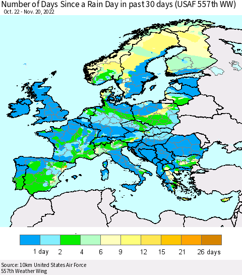 Europe Number of Days Since a Rain Day in past 30 days (USAF 557th WW) Thematic Map For 11/16/2022 - 11/20/2022