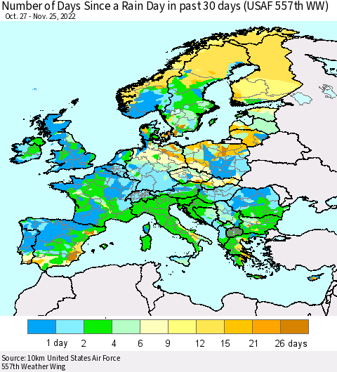 Europe Number of Days Since a Rain Day in past 30 days (USAF 557th WW) Thematic Map For 11/21/2022 - 11/25/2022