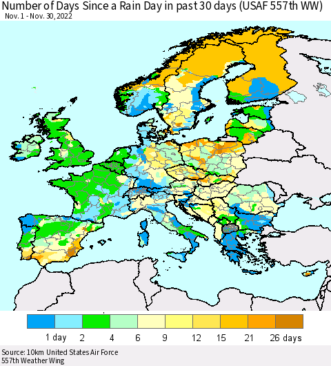 Europe Number of Days Since a Rain Day in past 30 days (USAF 557th WW) Thematic Map For 11/26/2022 - 11/30/2022