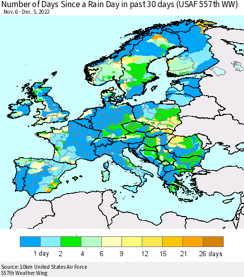 Europe Number of Days Since a Rain Day in past 30 days (USAF 557th WW) Thematic Map For 12/1/2022 - 12/5/2022