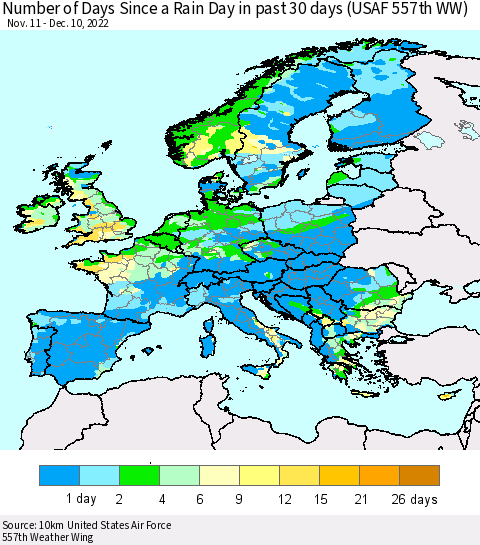 Europe Number of Days Since a Rain Day in past 30 days (USAF 557th WW) Thematic Map For 12/6/2022 - 12/10/2022