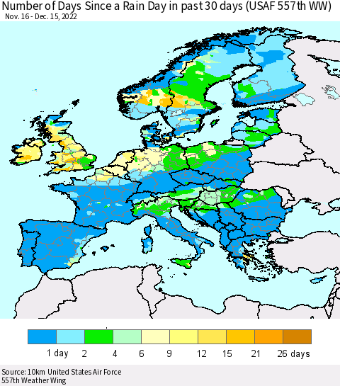 Europe Number of Days Since a Rain Day in past 30 days (USAF 557th WW) Thematic Map For 12/11/2022 - 12/15/2022
