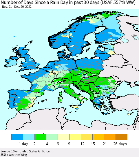 Europe Number of Days Since a Rain Day in past 30 days (USAF 557th WW) Thematic Map For 12/16/2022 - 12/20/2022