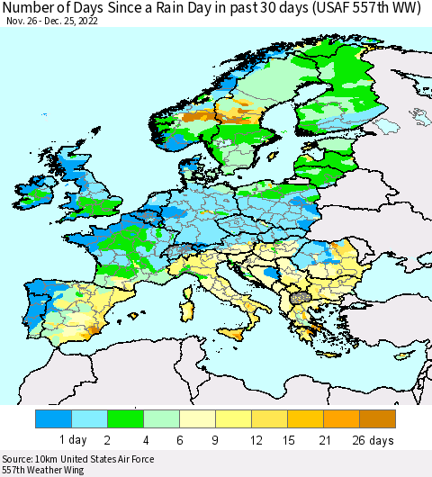 Europe Number of Days Since a Rain Day in past 30 days (USAF 557th WW) Thematic Map For 12/21/2022 - 12/25/2022