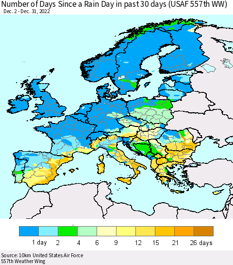 Europe Number of Days Since a Rain Day in past 30 days (USAF 557th WW) Thematic Map For 12/26/2022 - 12/31/2022