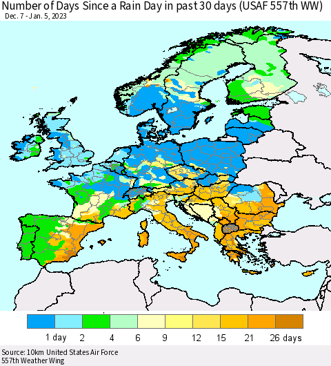 Europe Number of Days Since a Rain Day in past 30 days (USAF 557th WW) Thematic Map For 1/1/2023 - 1/5/2023