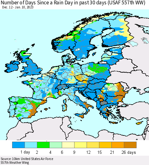 Europe Number of Days Since a Rain Day in past 30 days (USAF 557th WW) Thematic Map For 1/6/2023 - 1/10/2023