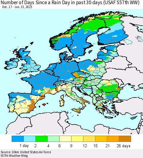 Europe Number of Days Since a Rain Day in past 30 days (USAF 557th WW) Thematic Map For 1/11/2023 - 1/15/2023