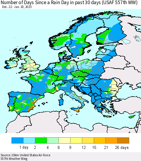 Europe Number of Days Since a Rain Day in past 30 days (USAF 557th WW) Thematic Map For 1/16/2023 - 1/20/2023