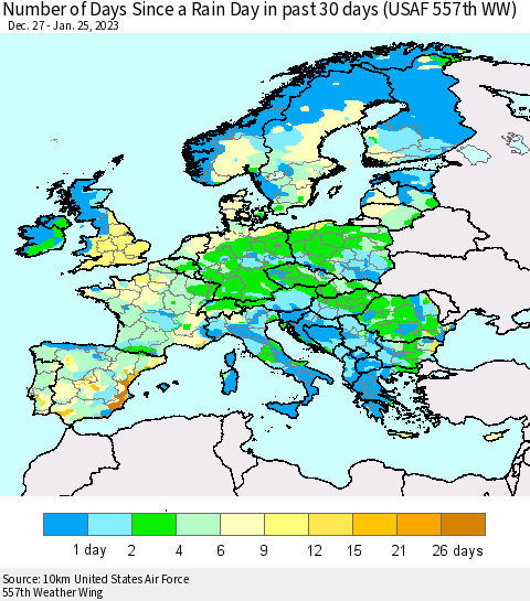 Europe Number of Days Since a Rain Day in past 30 days (USAF 557th WW) Thematic Map For 1/21/2023 - 1/25/2023