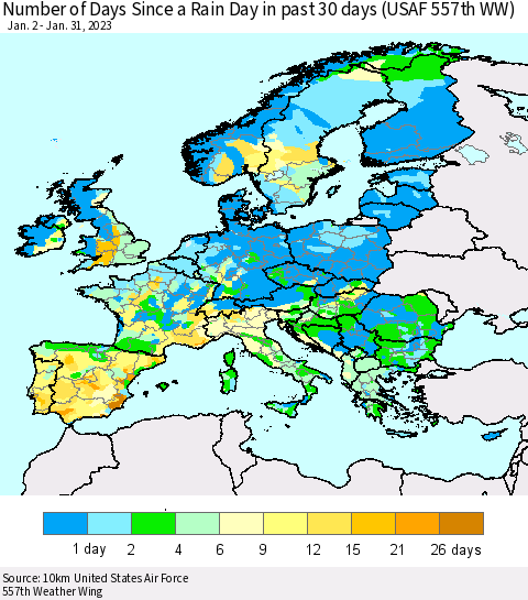 Europe Number of Days Since a Rain Day in past 30 days (USAF 557th WW) Thematic Map For 1/26/2023 - 1/31/2023