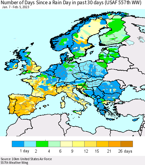 Europe Number of Days Since a Rain Day in past 30 days (USAF 557th WW) Thematic Map For 2/1/2023 - 2/5/2023