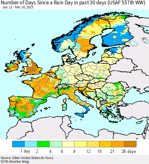 Europe Number of Days Since a Rain Day in past 30 days (USAF 557th WW) Thematic Map For 2/6/2023 - 2/10/2023