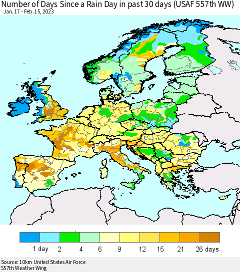 Europe Number of Days Since a Rain Day in past 30 days (USAF 557th WW) Thematic Map For 2/11/2023 - 2/15/2023