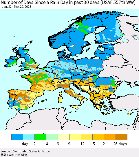 Europe Number of Days Since a Rain Day in past 30 days (USAF 557th WW) Thematic Map For 2/16/2023 - 2/20/2023