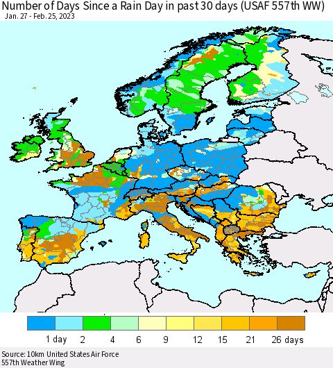Europe Number of Days Since a Rain Day in past 30 days (USAF 557th WW) Thematic Map For 2/21/2023 - 2/25/2023