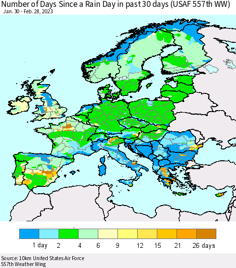 Europe Number of Days Since a Rain Day in past 30 days (USAF 557th WW) Thematic Map For 2/26/2023 - 2/28/2023